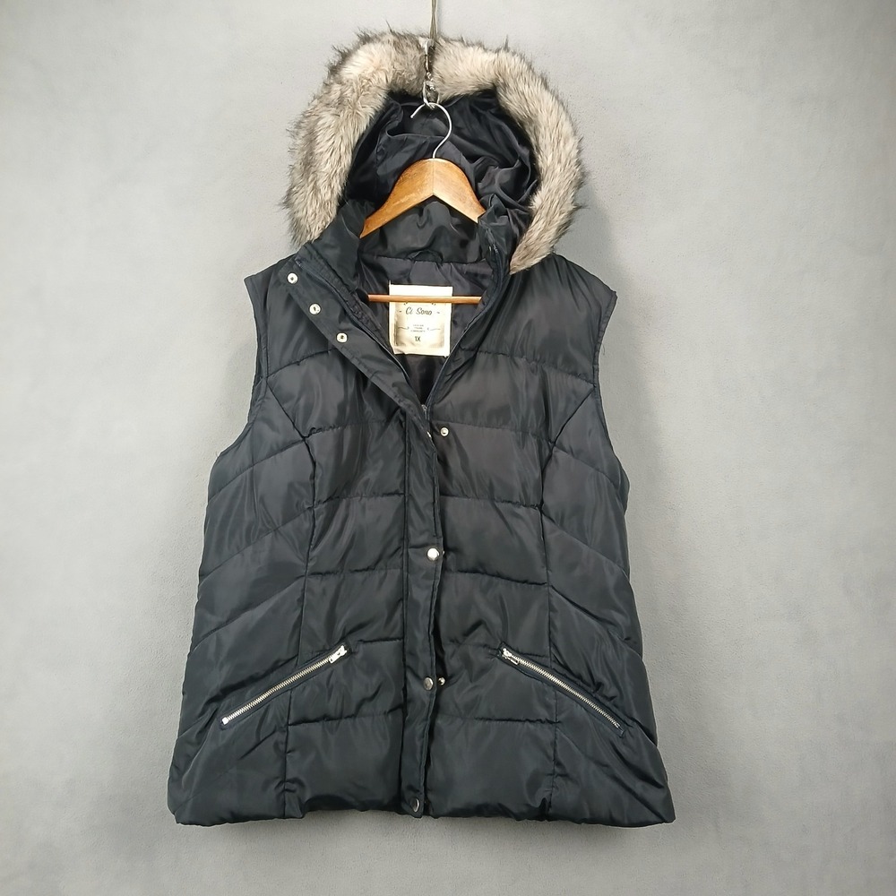 Ci Sono Original Puffer Vest Womens 1X Black Hooded Down Lined Zip Up SoftShell